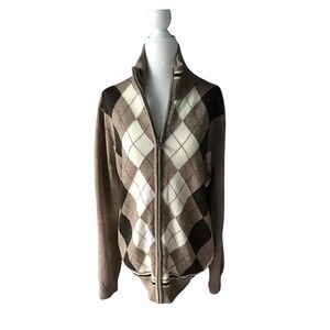 Express Design Studio Mens‎ Merino Wool Argyle Full Zip Cardigan Sweater Tan M